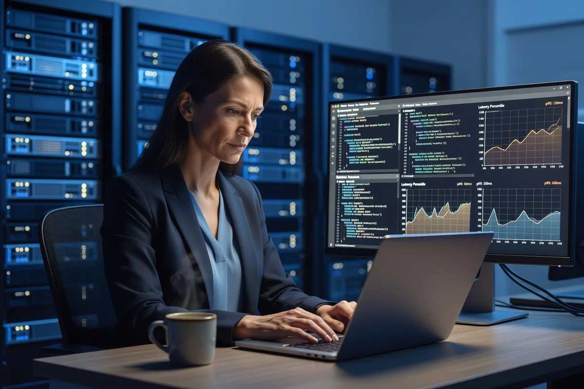 Ingénieure DevOps configurant un serveur d'application PHP moderne avec métriques de latence à l'écran