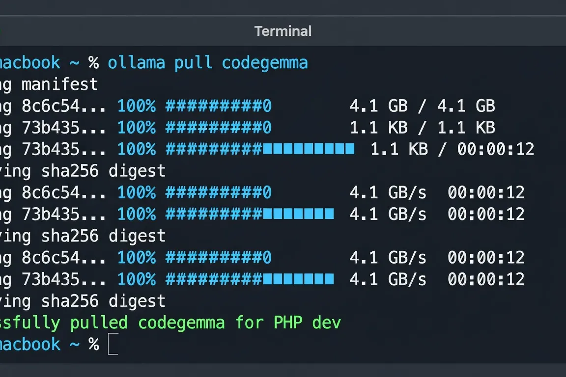 Terminal macOS montrant l'installation d'Ollama et le téléchargement du modèle CodeGemma pour développeurs PHP