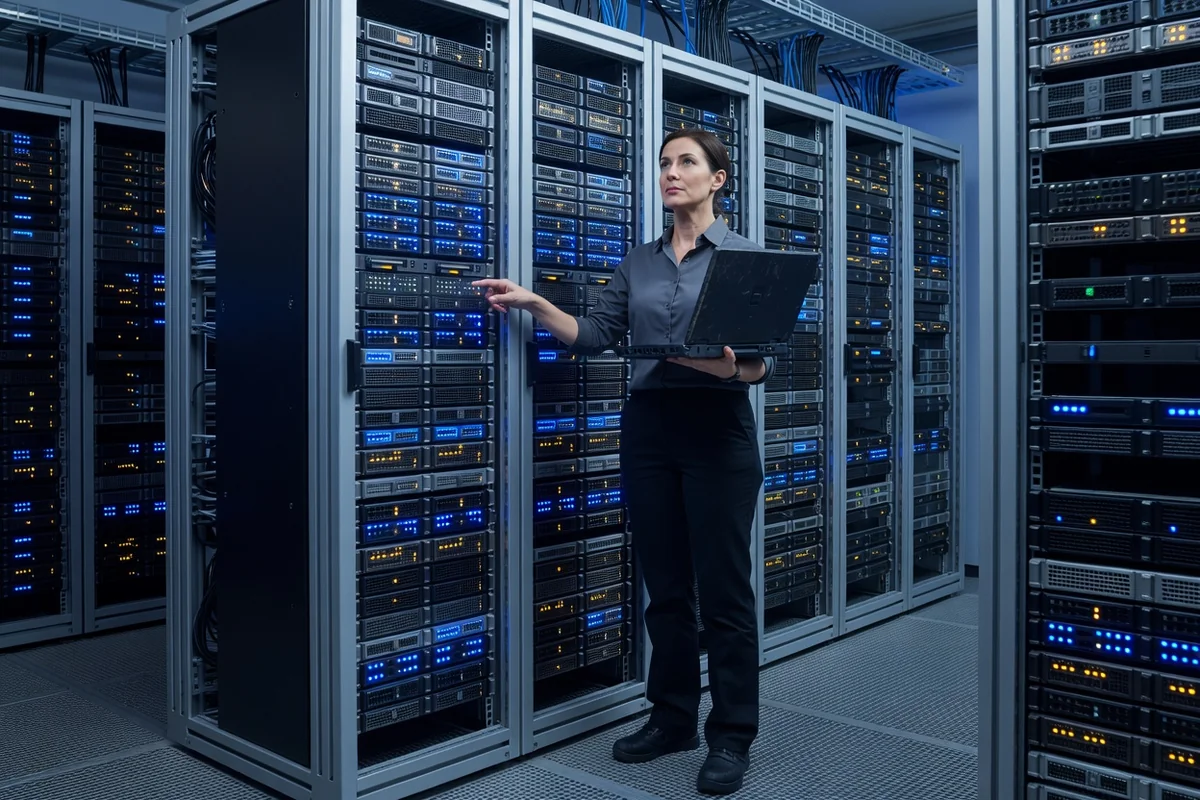 Administratrice système vérifiant des serveurs dans une baie de datacenter