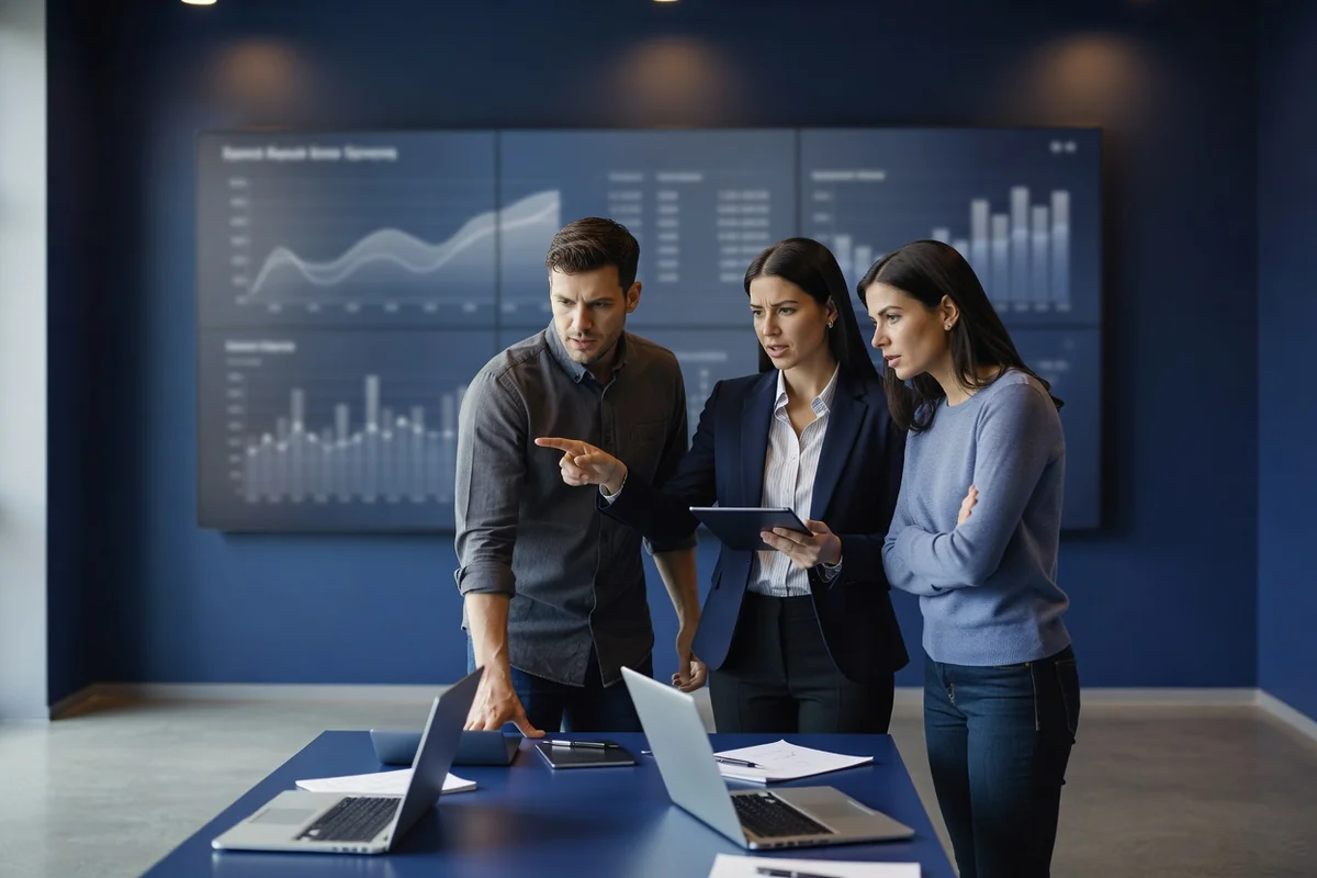 Équipe d'ingénieurs analysant ensemble des courbes de performance sur un grand écran de contrôle
