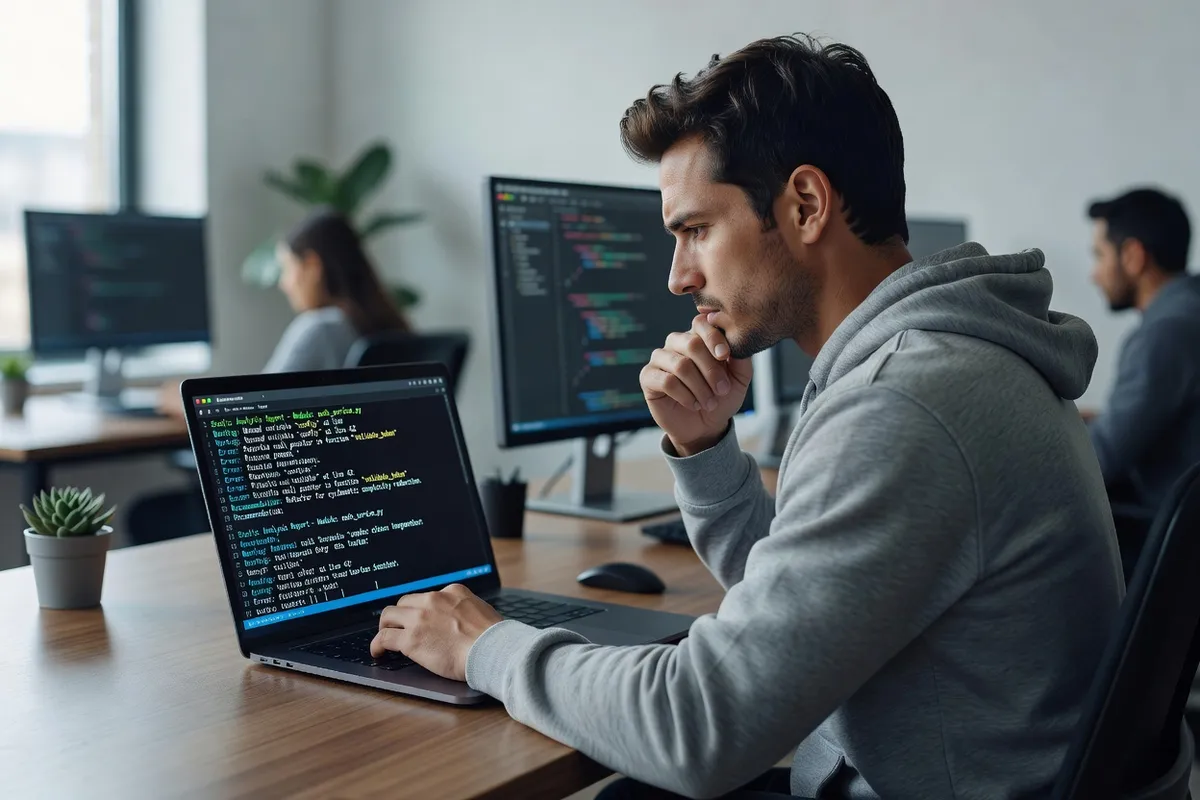 Développeur consultant un rapport d'analyse statique PHP sur un ordinateur portable dans un espace de travail