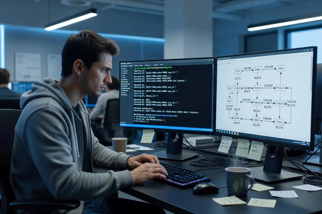 Schéma de suppression en cascade de données utilisateur dans une base relationnelle Doctrine, terminal affichant une commande Symfony