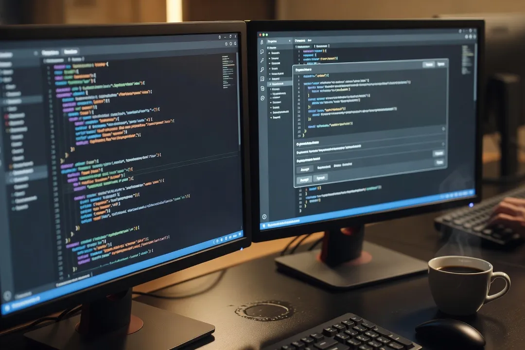 Double écran de développeur affichant un éditeur de code et un panneau d'assistant IA de programmation