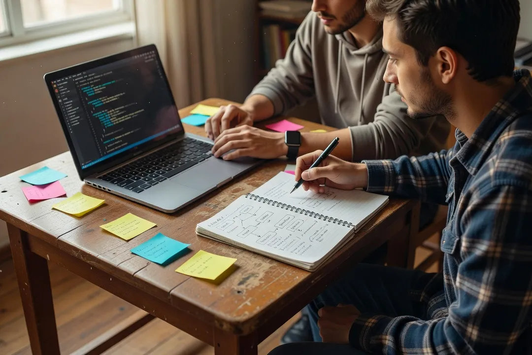Deux développeurs en pair-programming autour d'un ordinateur portable pendant un atelier de formation