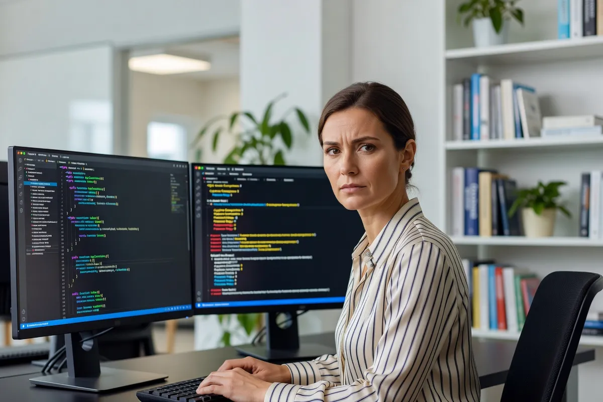 Développeuse devant deux écrans, examinant des rapports PHPStan et des modifications Rector dans une application Symfony