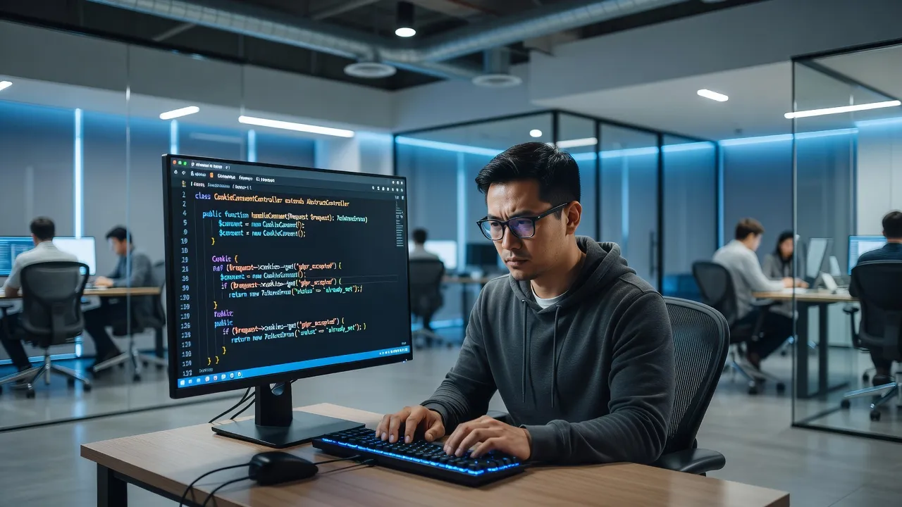 Développeur travaillant sur l'implémentation technique du RGPD dans une application PHP Symfony, écran affichant du code lié à la gestion du consentement